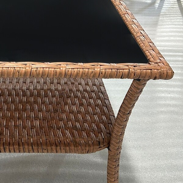 Rattan Side Table，Outdoor End Table with Storage Shelf，Aluminum Frame Square，Coffee Table with Tempered Glass Top