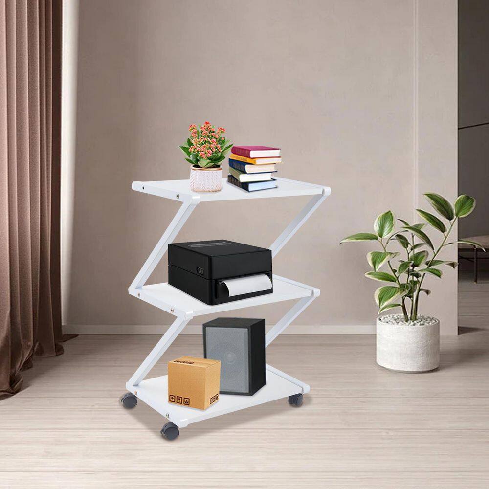 YIYIBYUS 3-Tier Metal Frame Wood 4-Wheeled Mobile Printer Stand Cart in White CS-FKH6963-360