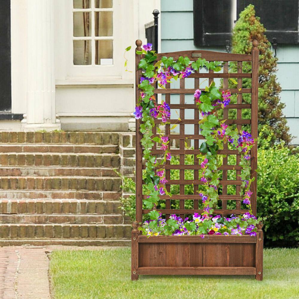 FORCLOVER Large 25 in. L Brown Firwood Planter Box with Trellis for Garden CTW-GT3564