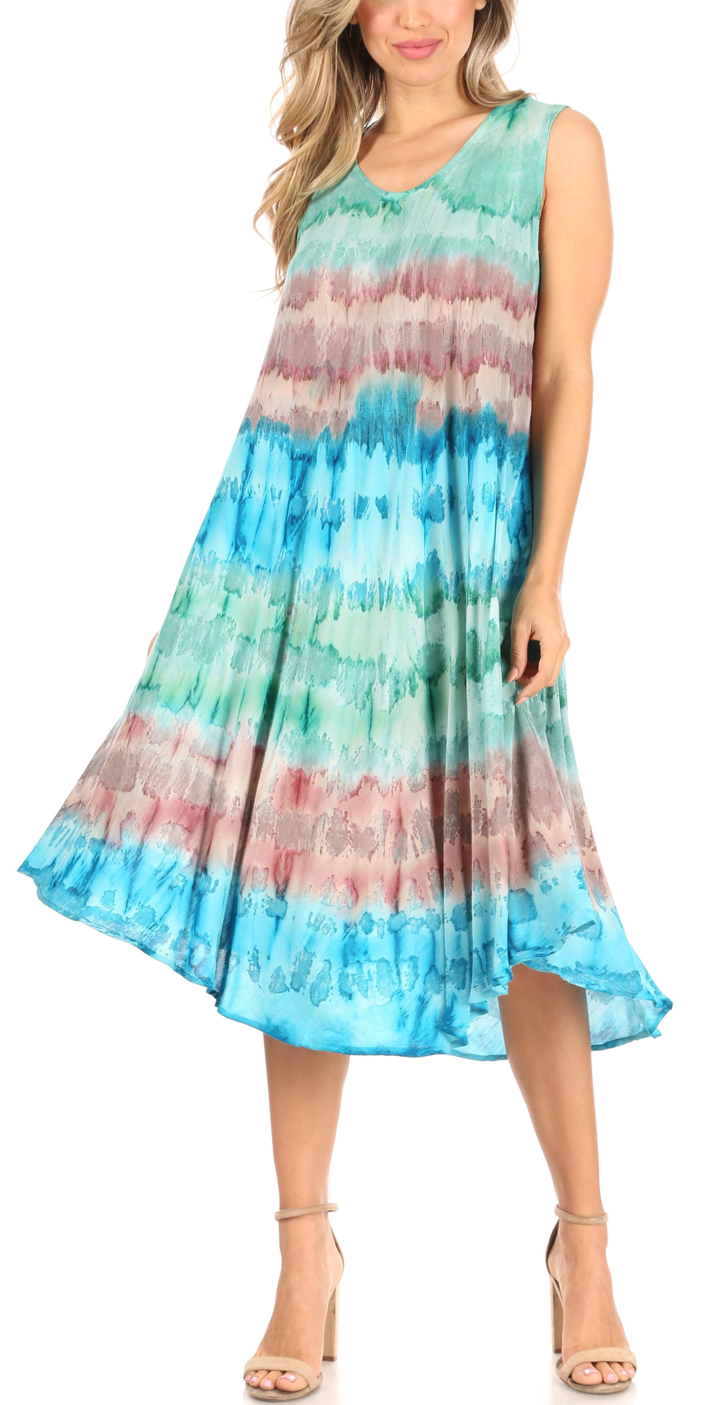 Plus Size Tie Dye Print Asymmetric Hem Sleeveless Midi Dress