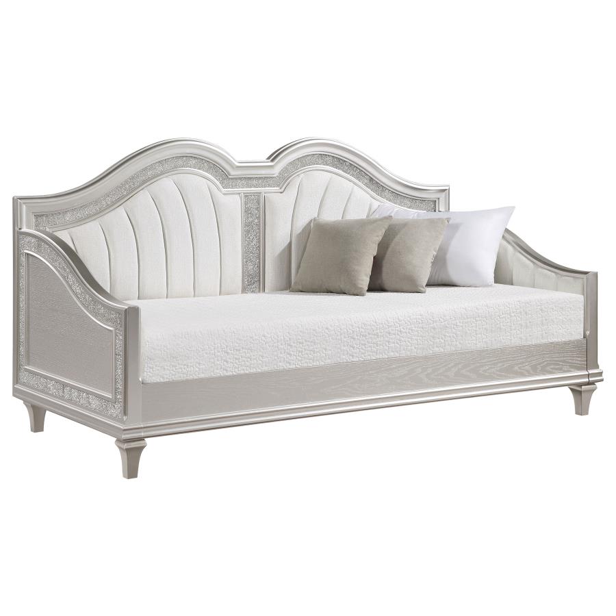 Evangeline Upholstered Twin Daybed with Faux Diamond Trim Silver and Ivory-360121