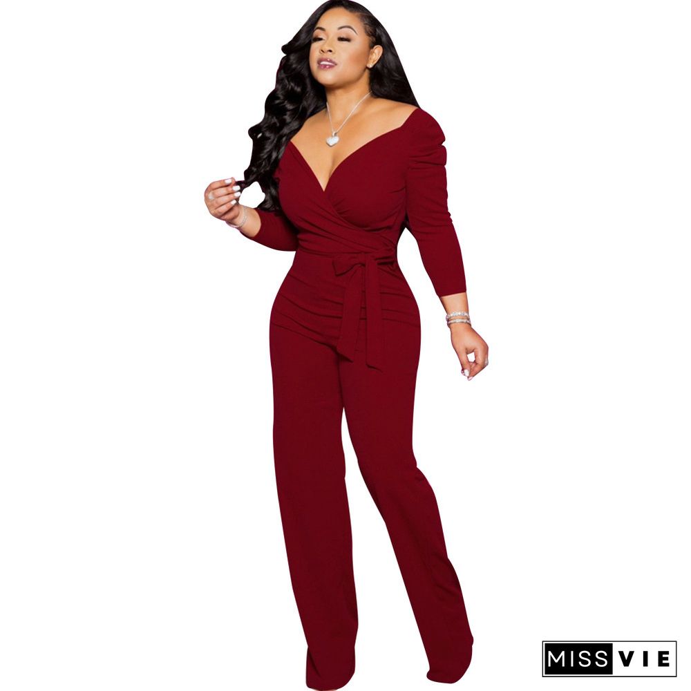 Plus Size Plain Plunge Pocket Design Jumpsuit