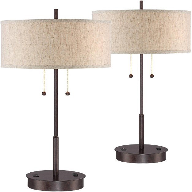 High Set Of 2 With Hotel Style Usb And Ac Power Outlet In Base Bronze Fabric Drum Shade For Living Room