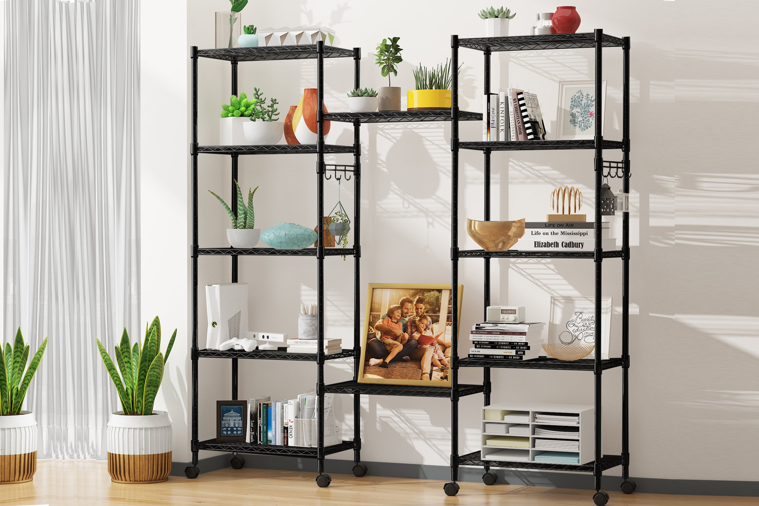 6-Tier Wire Shelving Unit Storage Rack Metal Shelf Organizer with 6 Hooks for Kitchen Bathroom Garage Balcony 21.26