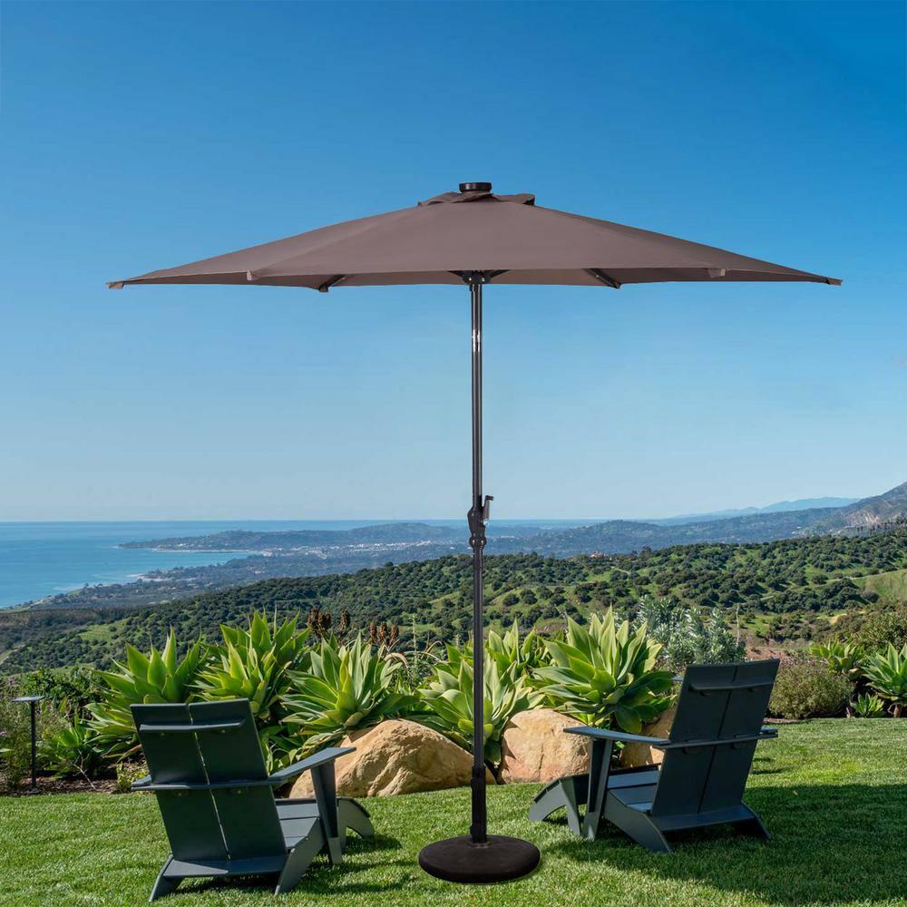 WELLFOR 9 ft Steel Market Solar Tilt Patio Umbrella with Crank and LED Lights in Tan