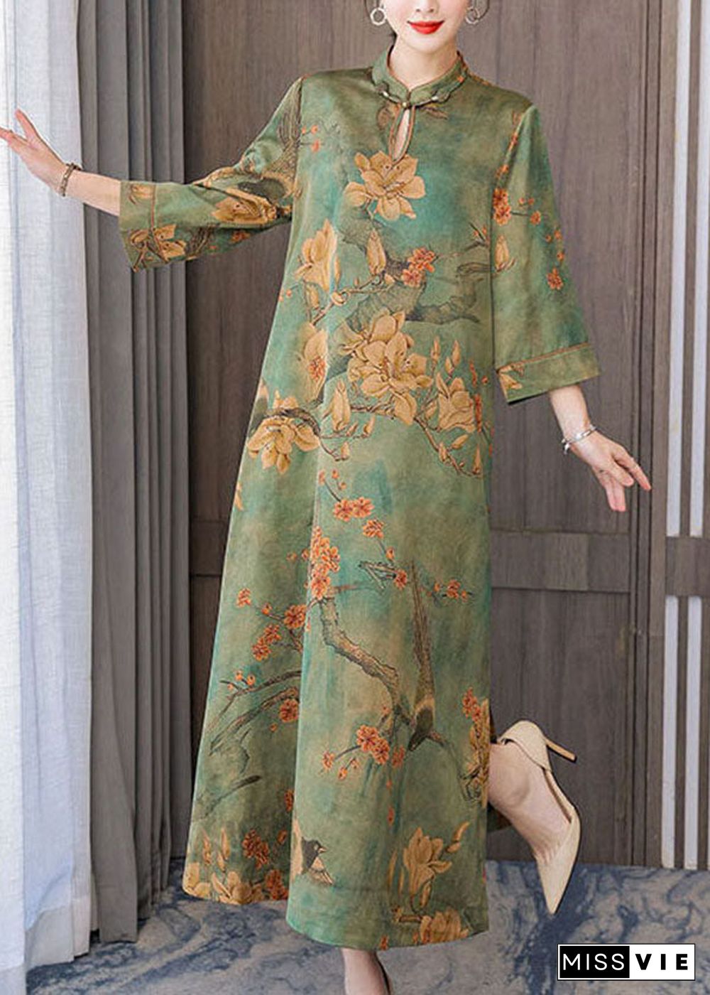 Boutique Green Print Chinese Button Silk Long Dress Bracelet Sleeve