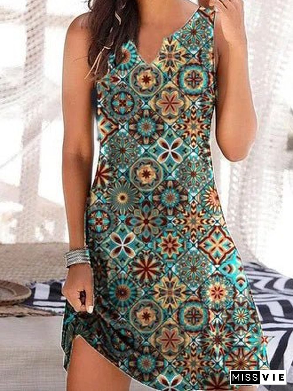 Women'S Dresses Printed V-Neck Sleeveless Dress