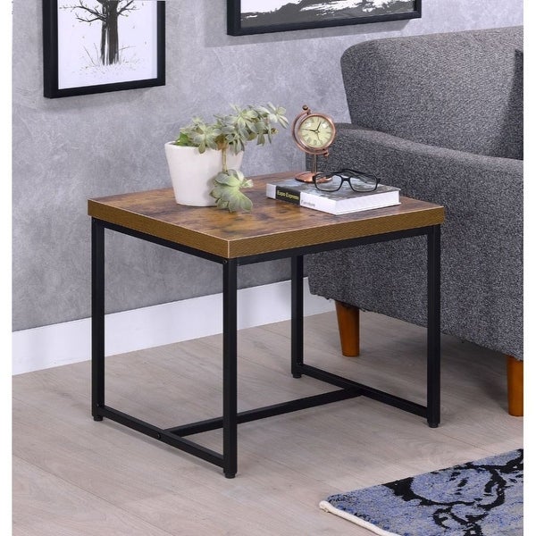 Wood End Table with Metal Sled Base in Weathered Oak