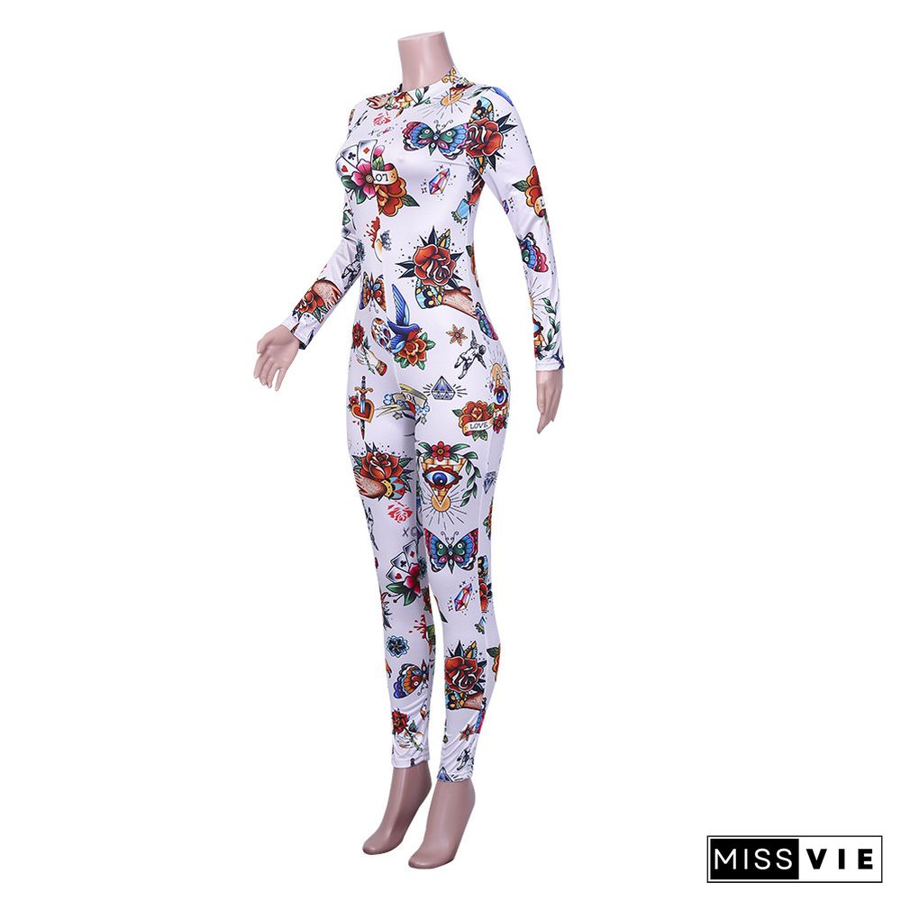 Floral Print Long Sleeve O Neck Skinny Jumpsuit