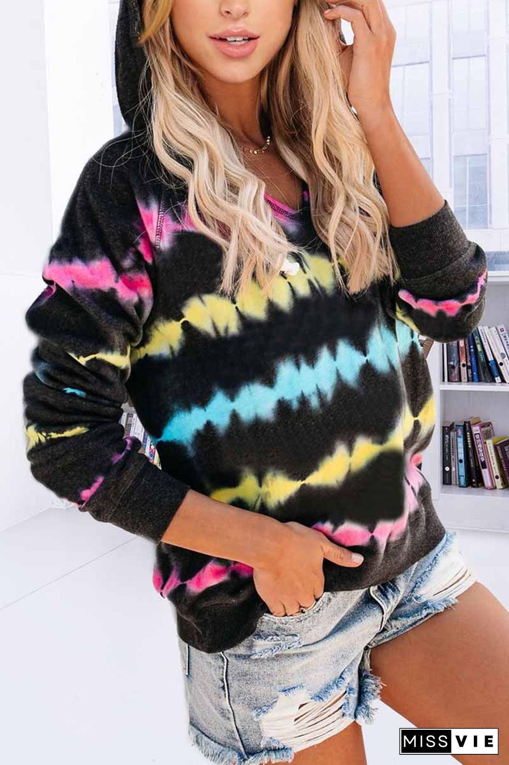 Color Striped Print Casual Hoodie