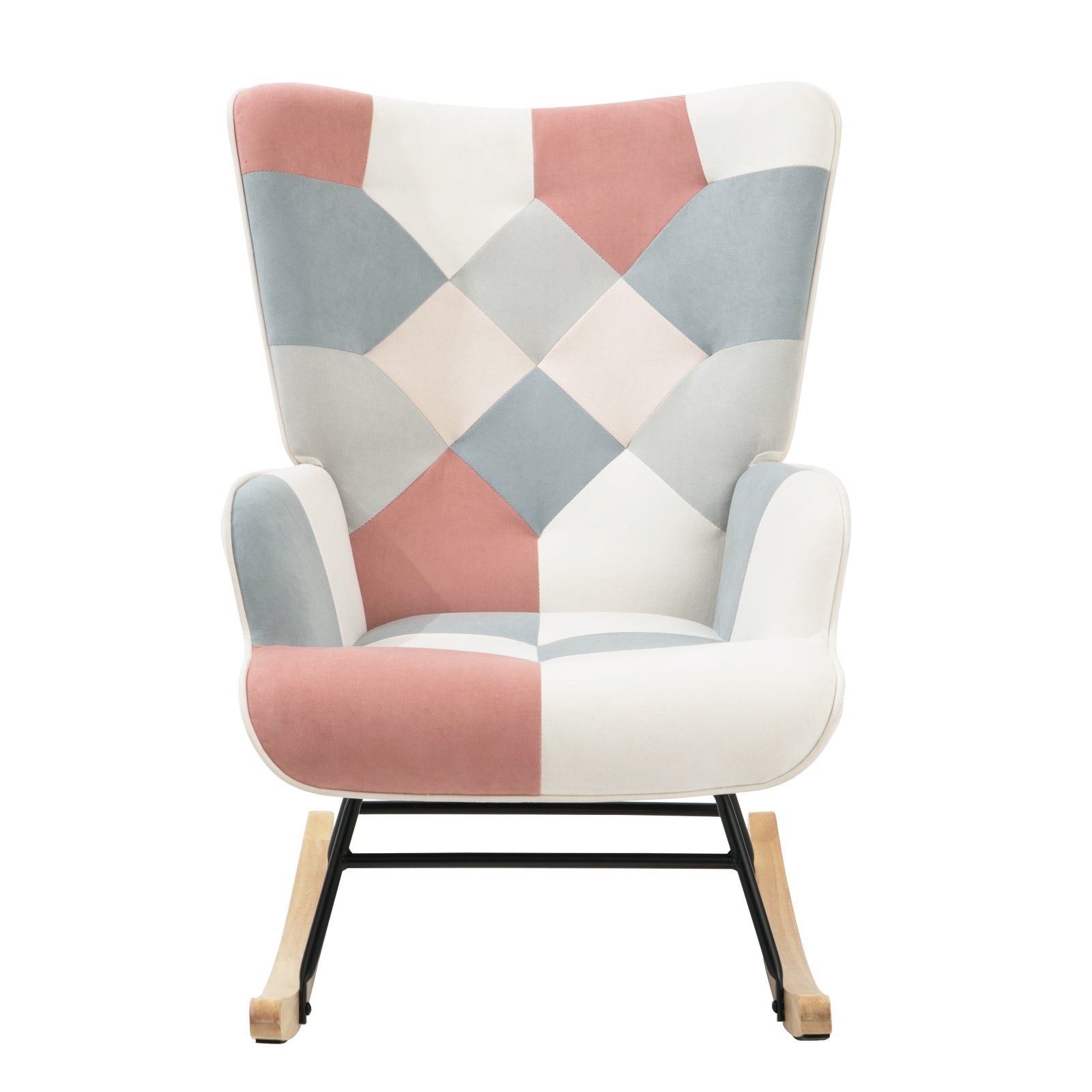 Fabric Rocker Chair with Wood Legs and Patchwork Linen