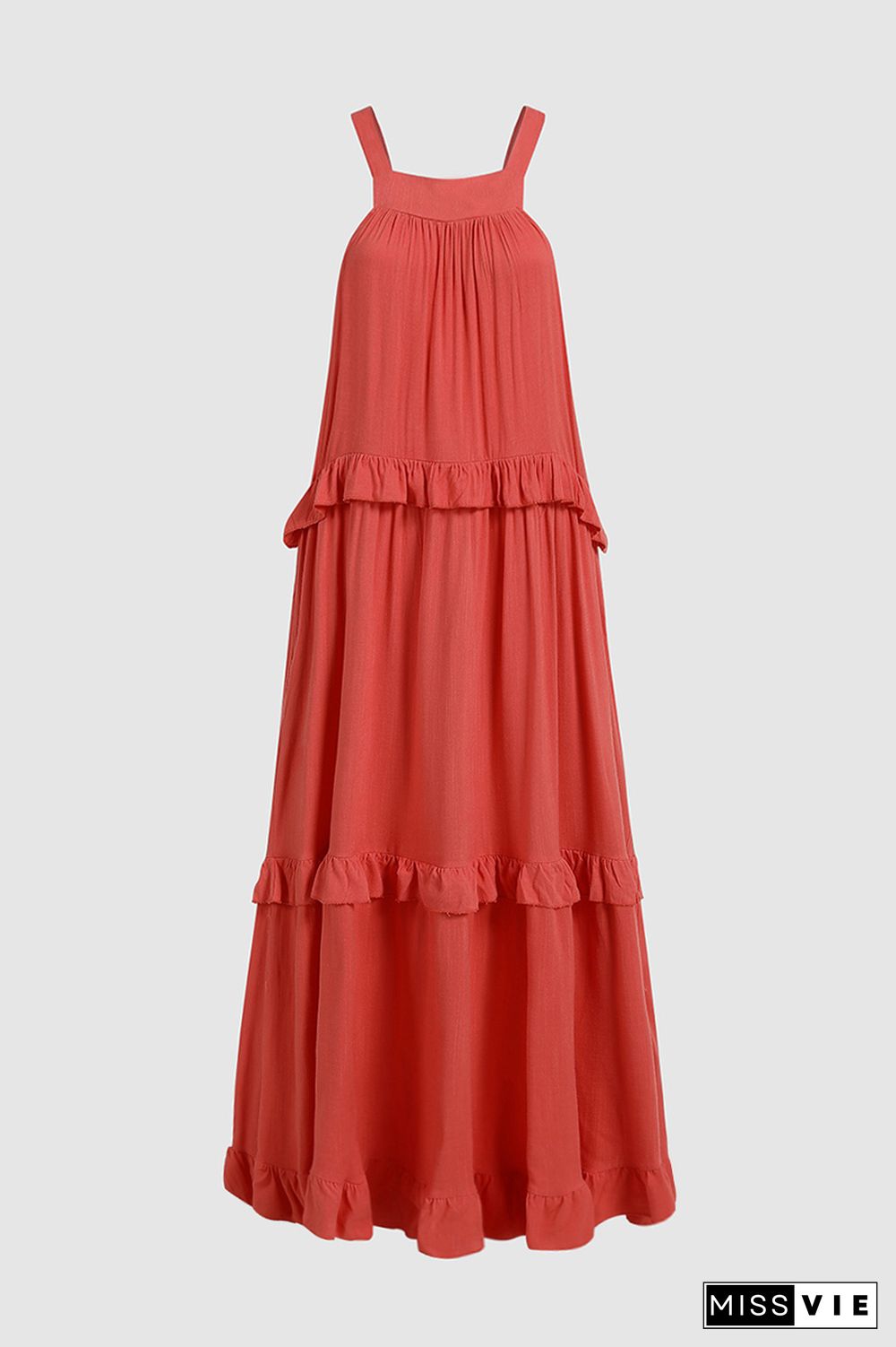 Ruffle Trim Shirred Tie Back Maxi Dress