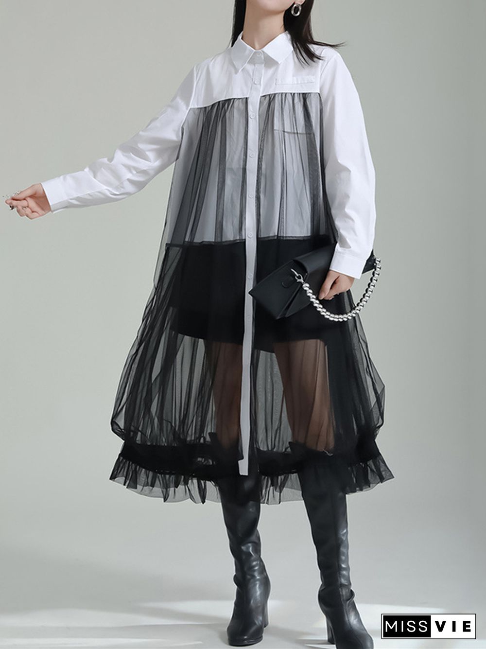 Long Sleeves Gauze See-Through Split-Joint Lapel Midi Dresses Shirt Dress