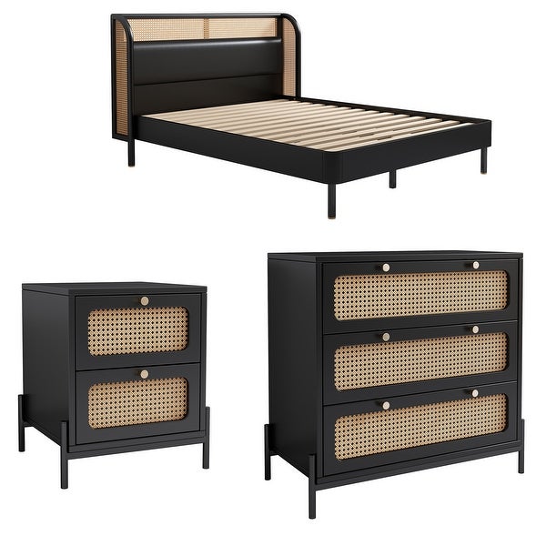 3 Pieces Set Rattan Wood Platform Queen Bed with Nightstand and Chest - - 37970665