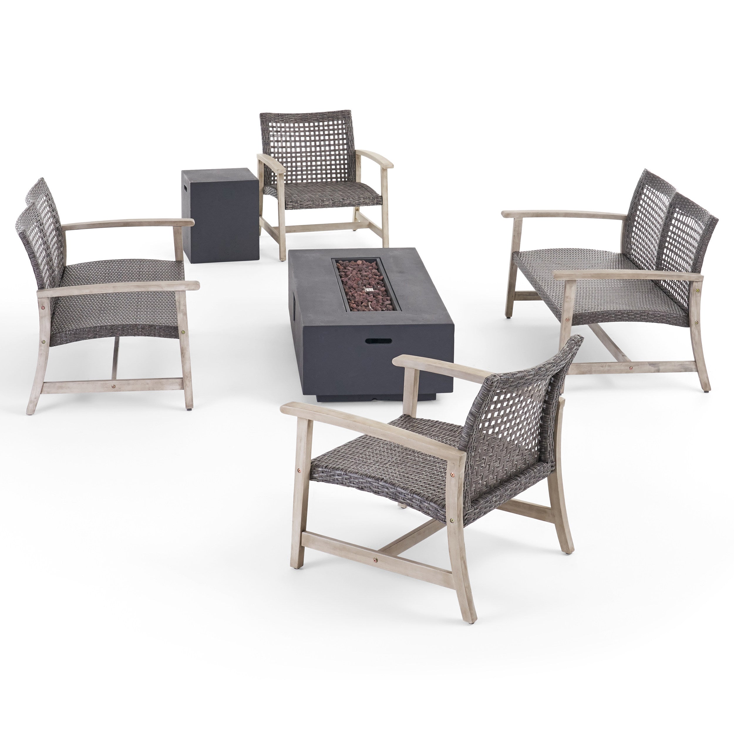 Tabby Outdoor 6 Piece Wood and Wicker Chat Set with Fire Pit