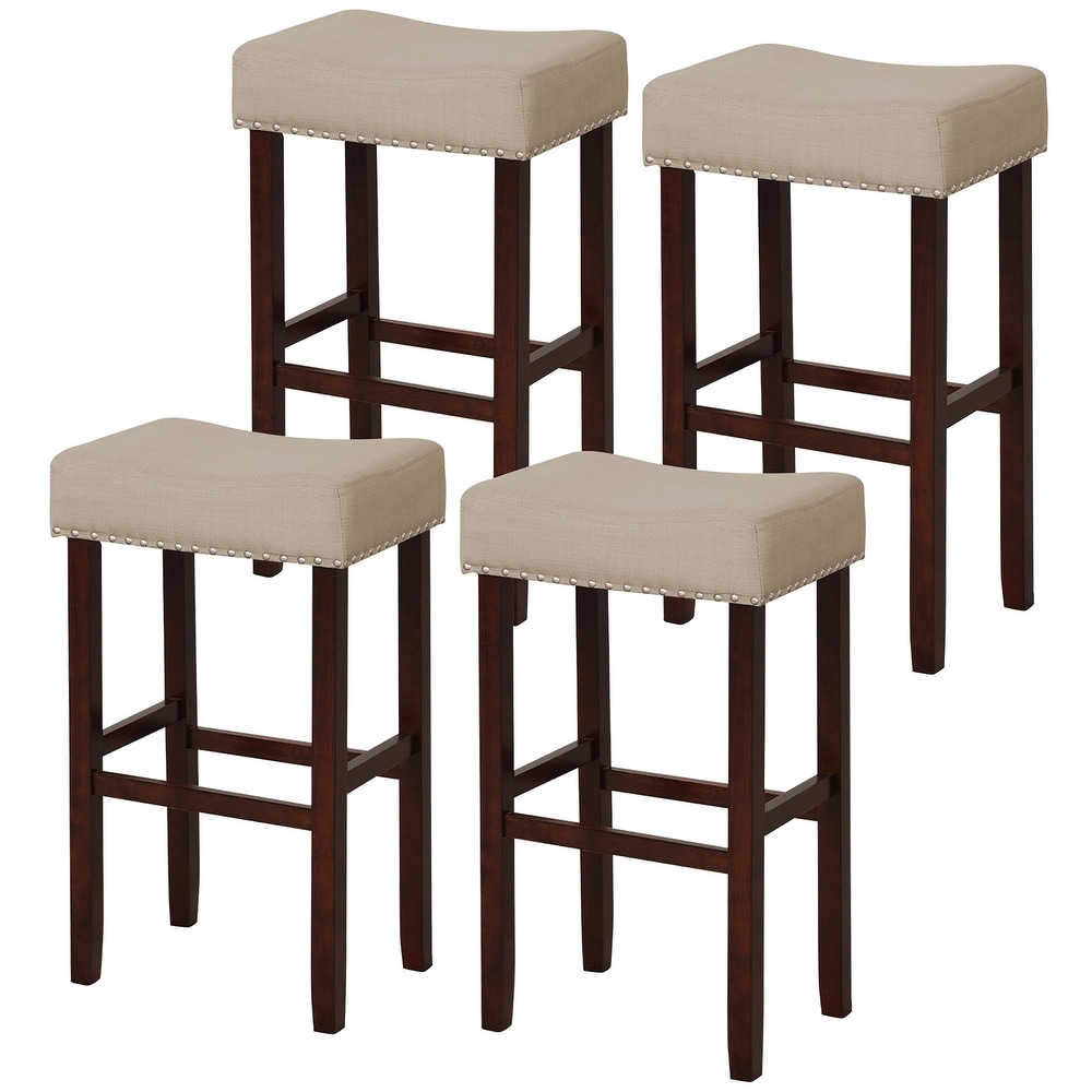 Gymax Set of 4 Bar Stools Bar Height Saddle Kitchen Chairs w/ Wooden