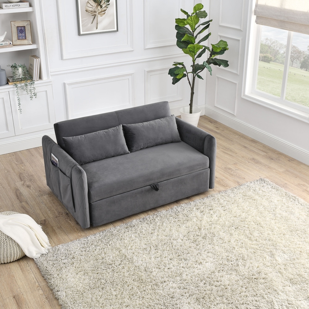 Velvet Convertible Sofa Bed with 2 Detachable Arm Pockets