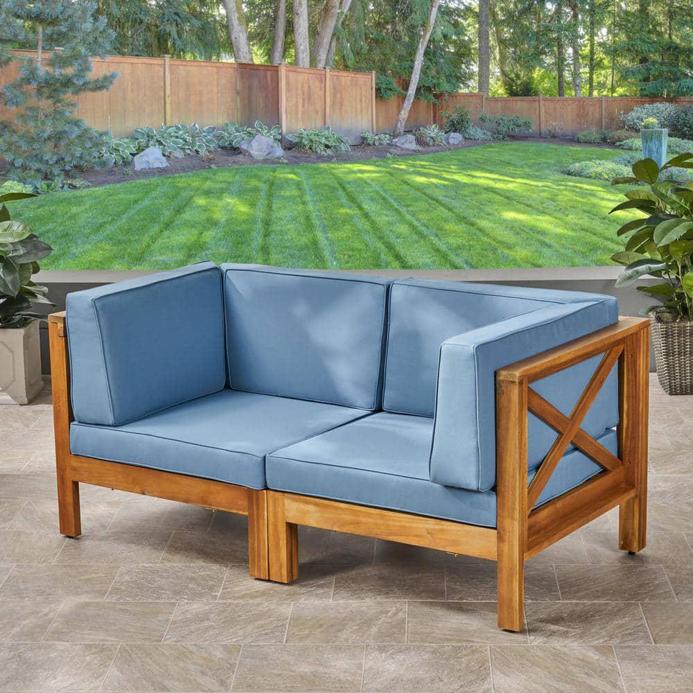 Noble House Brava Teak Brown 2Piece Wood Outdoor Loveseat with Blue Cushions