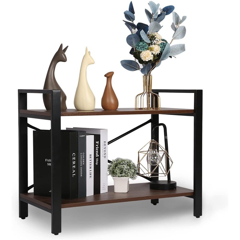 Small 2 Shelf Wood and Metal Bookcase with Open Shelves