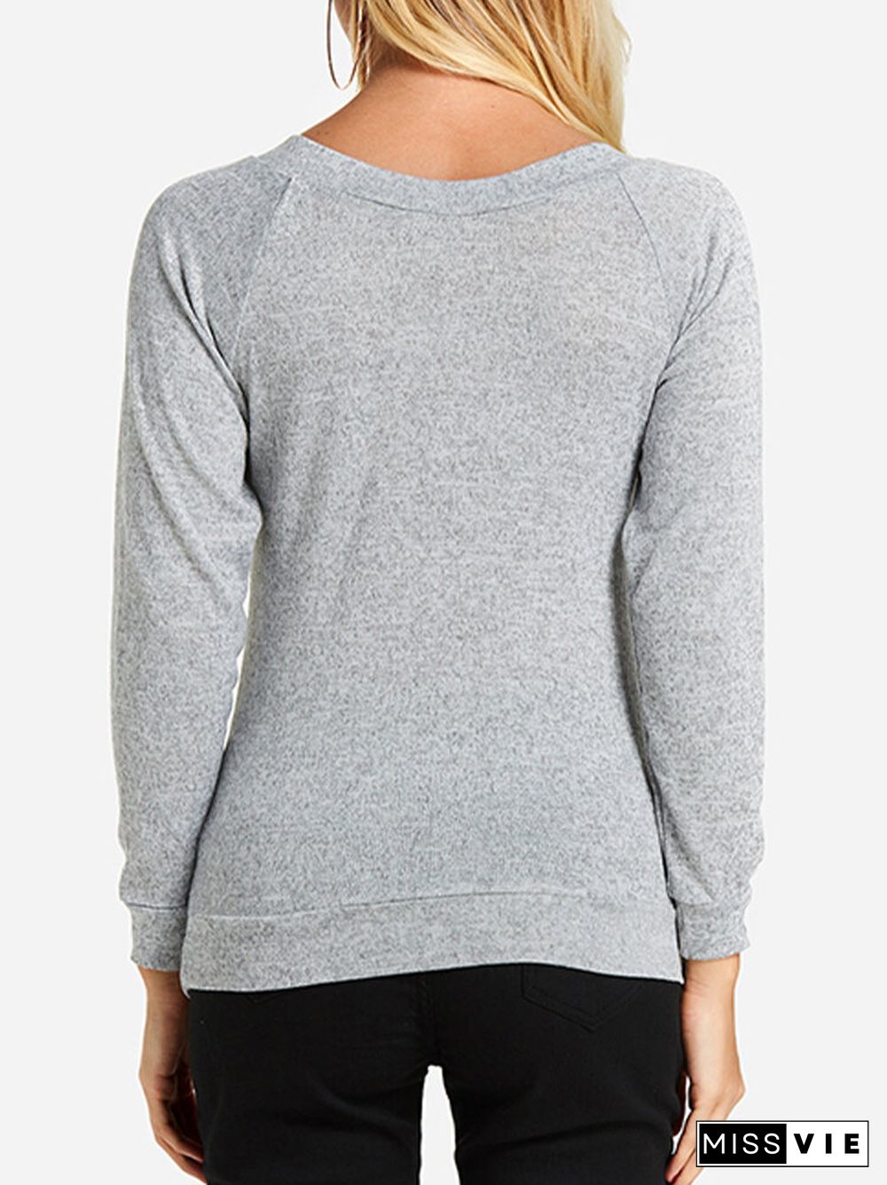 Solid Color Plain Knitted V-neck Long Sleeve Casual T-shirt for Women