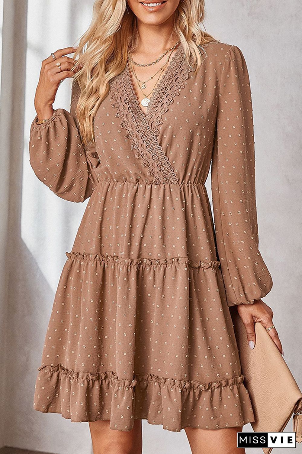 Swiss Dot Lace Crochet Long Sleeve Ruffle Dress