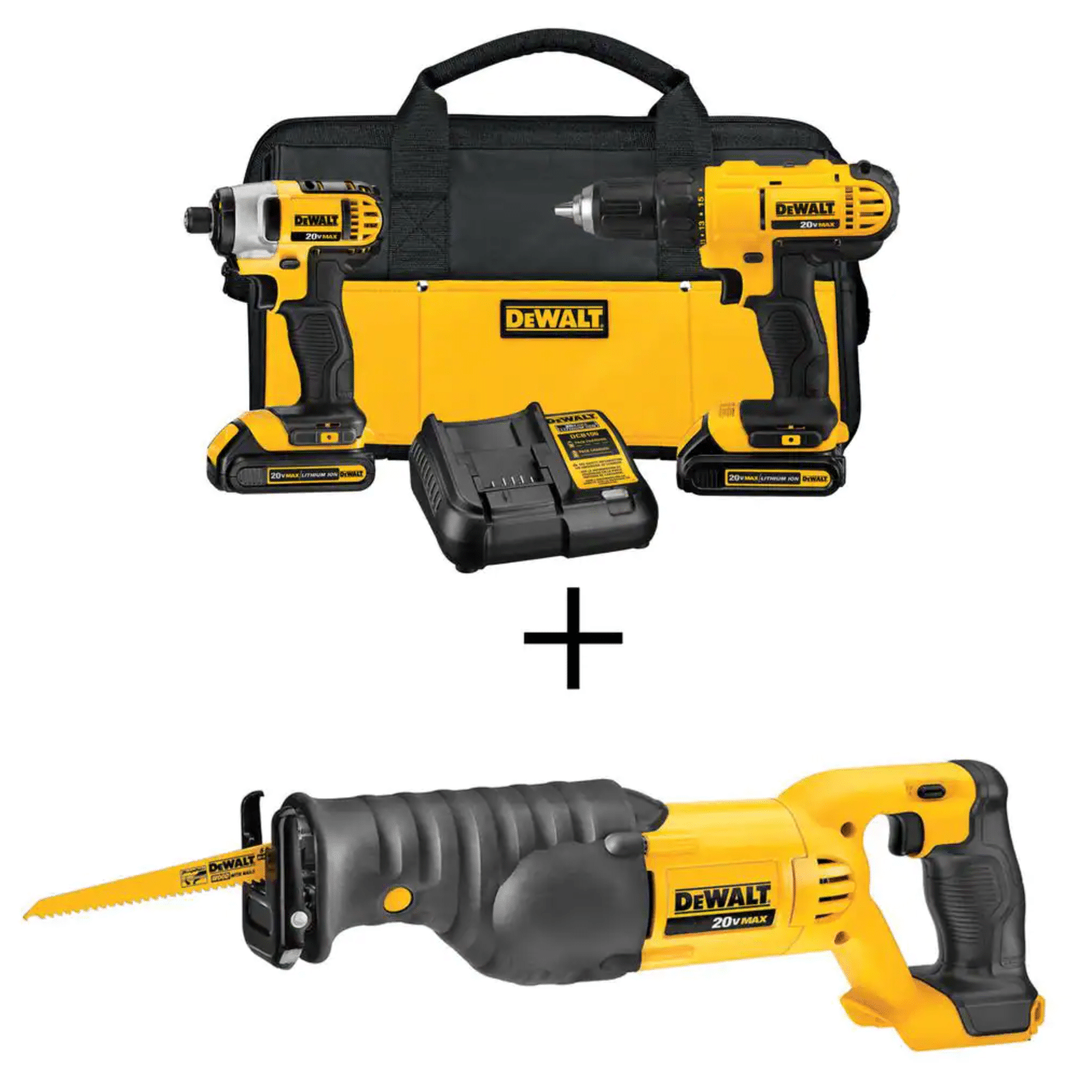 Dewalt 20-Volt Max Cordless Drill/Impact Combo Kit (2-Tool) with (2) 20-Volt 1.3Ah Batteries， Charger and Reciprocating Saw (DCK240C2DCS380B)