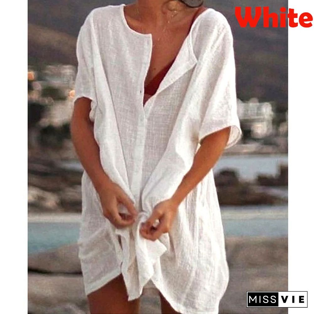 Fashion Summer Clothes Women's Casual Short Sleeve Dresses Beach Wear Robe Femme Swimwear Cover-up Linen Dress Loose Blouses Long T-shirt Deep V-neck Solid Color Swimsuit Cover-ups Dress Mini Party Dress