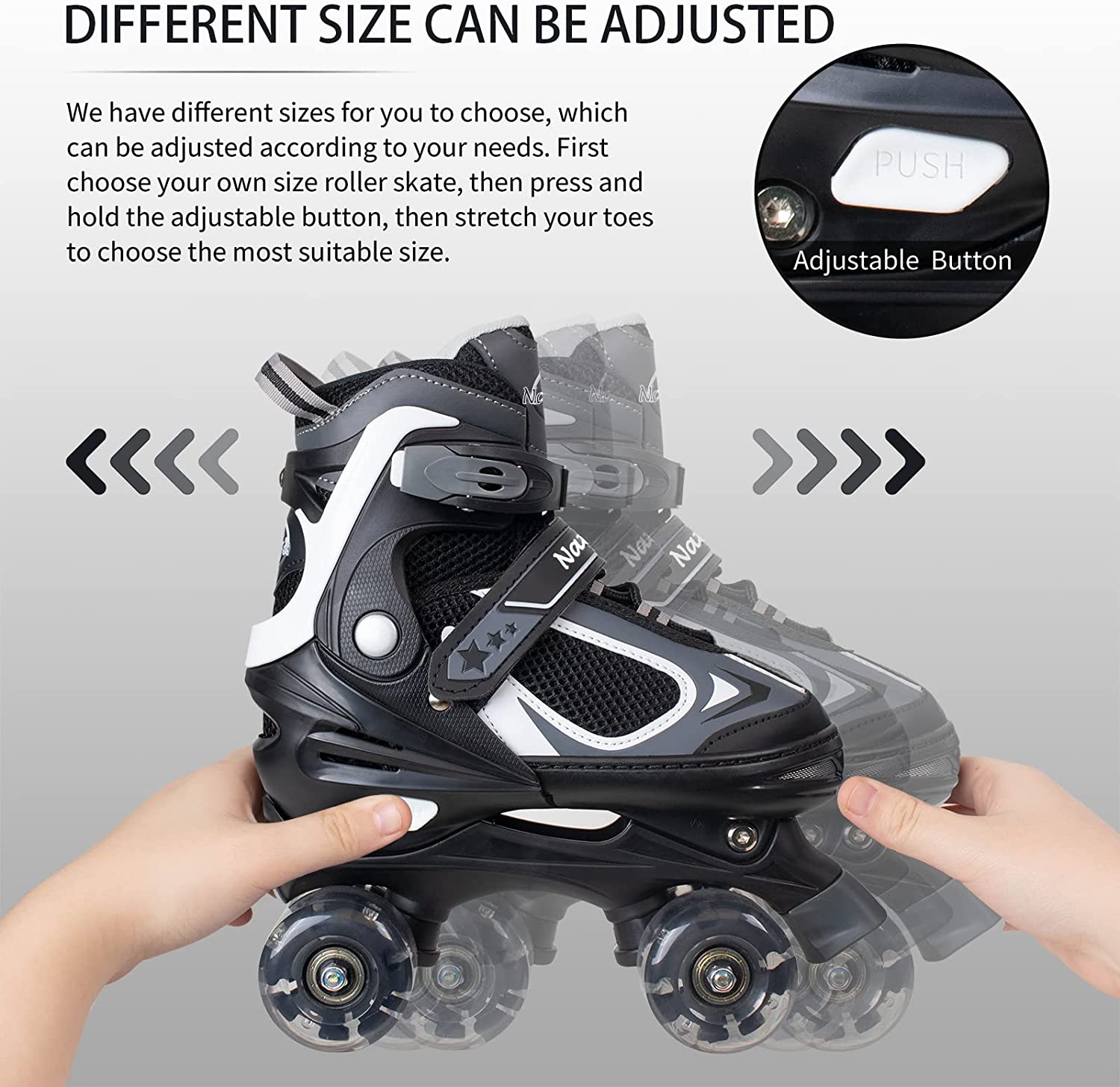 Nattork Kids Roller Skates for Boys Girls Childs 4 Sizes Adjustable Quad Skates with All Light up Wheels Black Small(10C-13C)