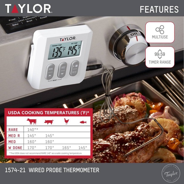 Taylor Programmable Digital Probe Kitchen Meat Cooking Thermometer With Timer