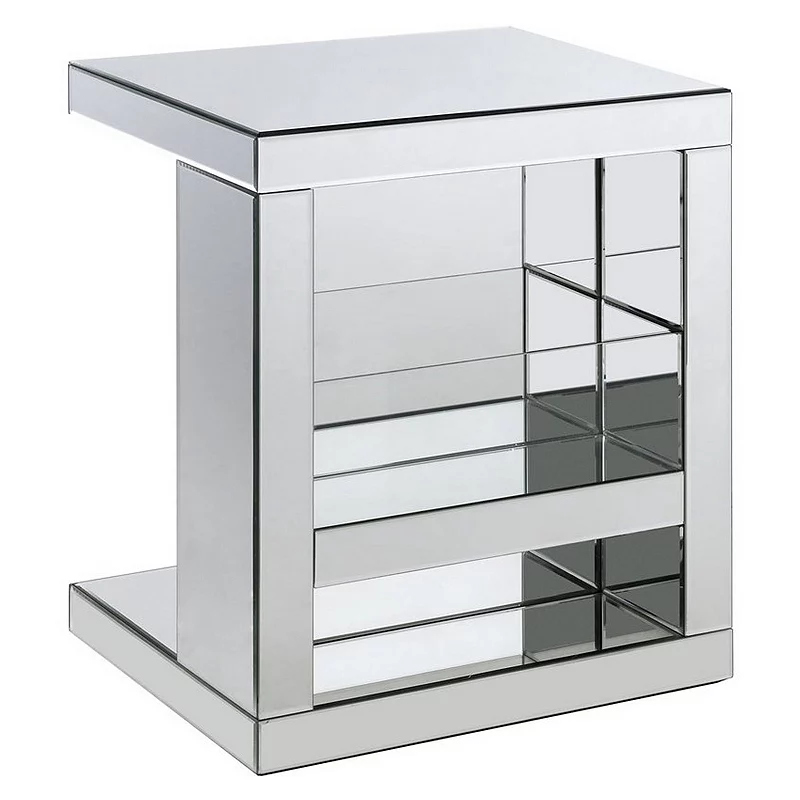 Accent Table with Mirrored Panels and C Shape， Silver