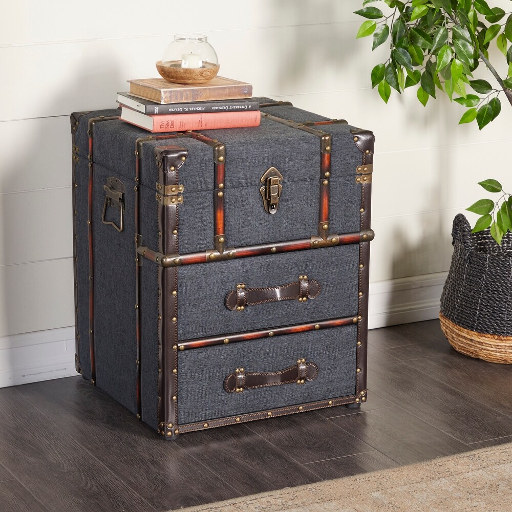 Blue Linen Traditional Accent Table with Buckle Hinged Top   18 x 18 x 22