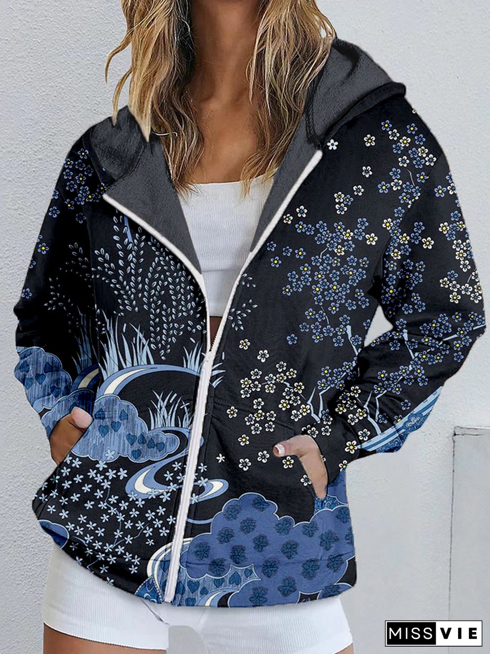 Japanese Traditional Pattern Print Zip Up Comfy Hoodie