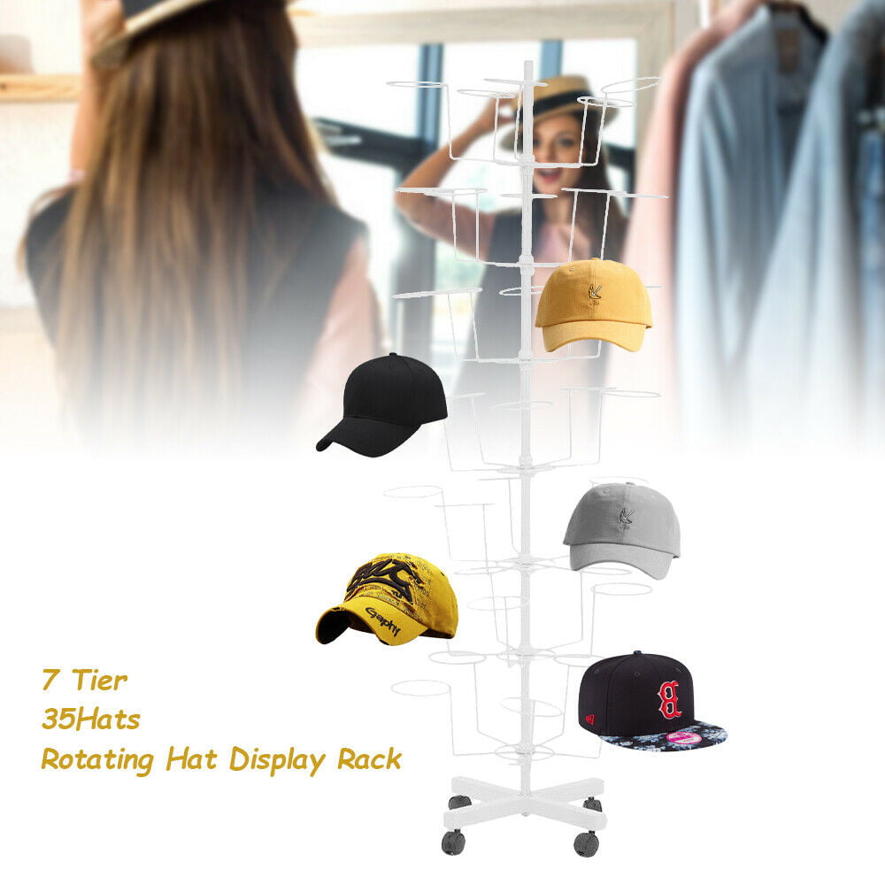 TFCFL 7 Tiers Hat Cap Display Retail Hat Cap Rack Rotating Spinner Metal white Stand (White)