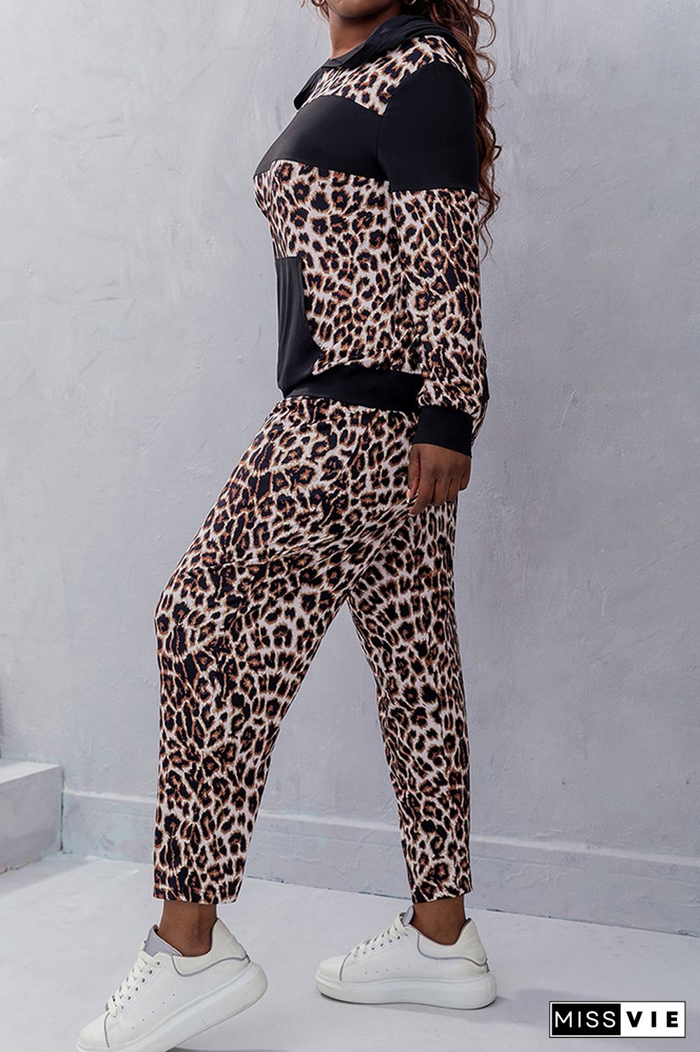 Color Block Leopard Pocketed Hoodies with Pants Plus Size 2pcs Set