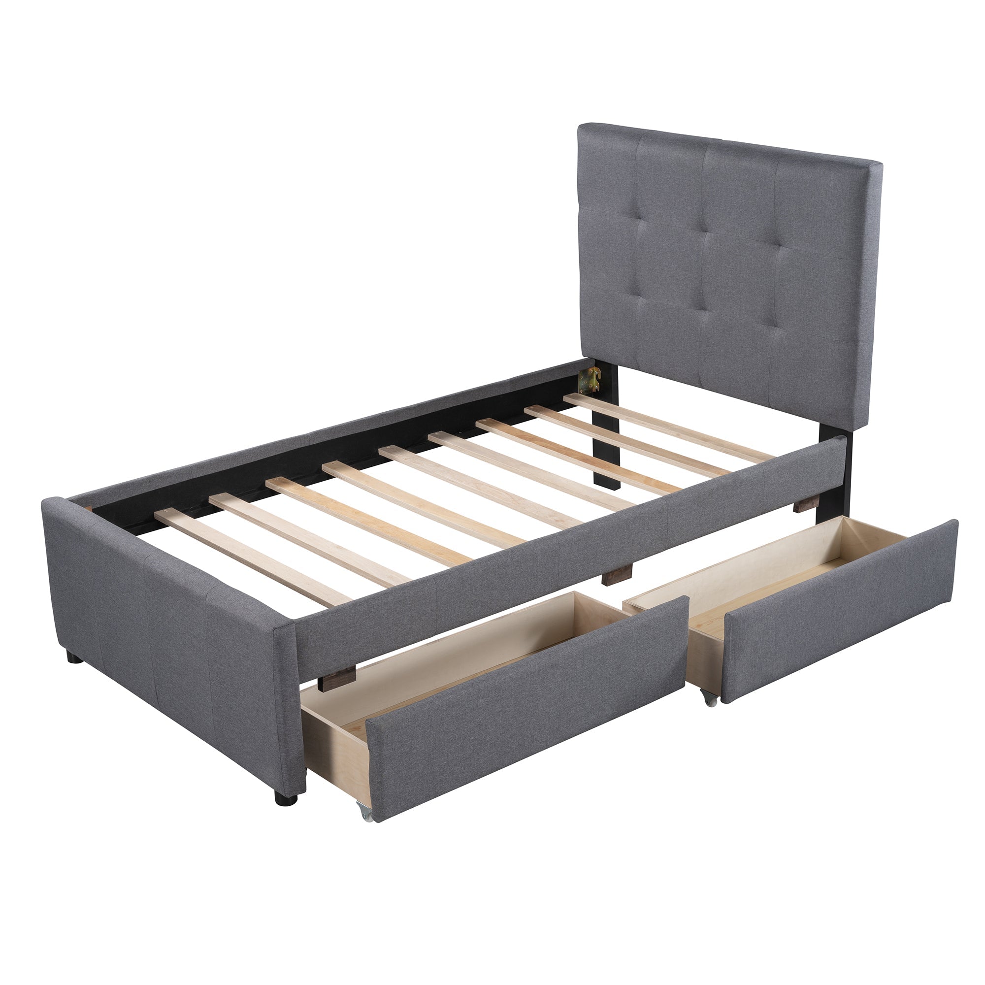 Twin Upholstered Platform Bed with 2 Storage Drawers for Kids, Gray