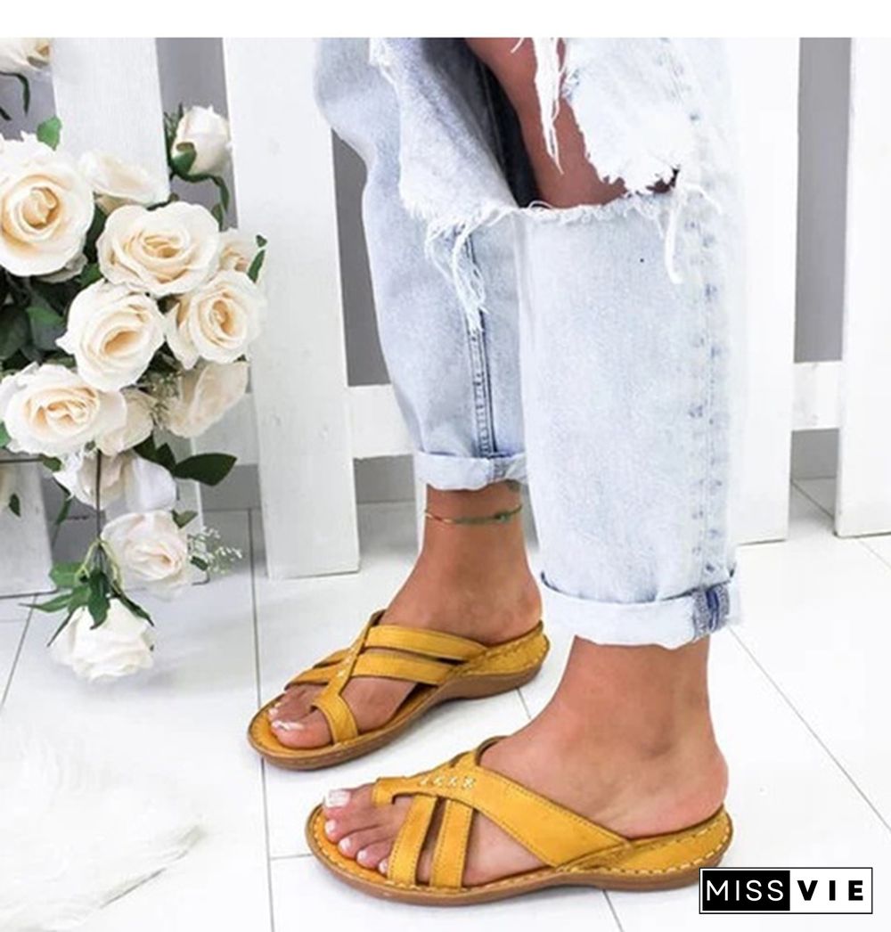 Summer Sandals Women Comfy Slippers Roman Leather Wedge Sandals Low Heels Beach Shoes Casual Flip Flops Sandalia Feminina