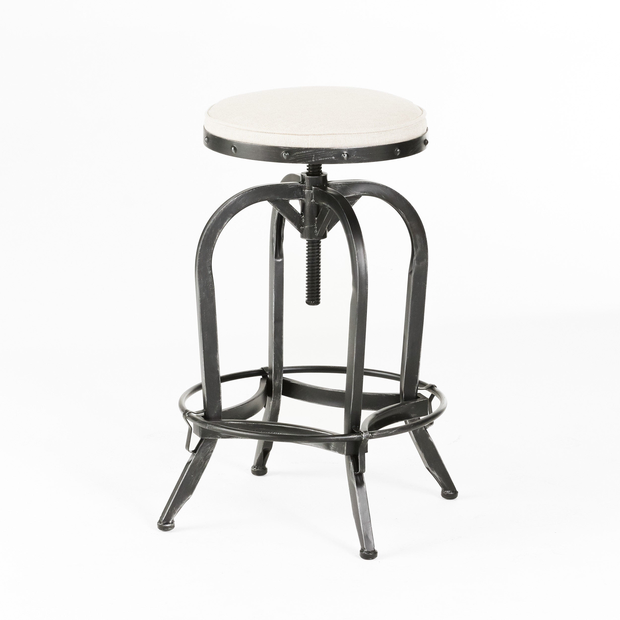 Brixton Industrial Design Adjustable Swivel Iron Bar Stool in Beige Linen