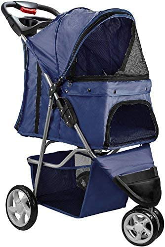 Paws and Pals Pet Stroller for Cats and Dogs Folding 3-Wheel Carrier Jogger (Blue) (Small)