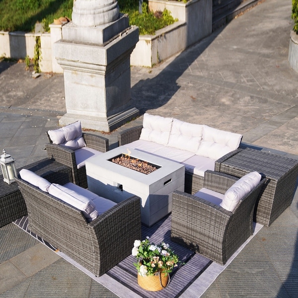 7Piece Outdoor Wicker Conversation Sofa Set with Fire Pit