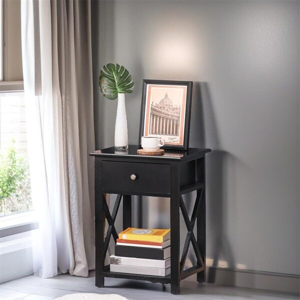 Side Table，Farmhouse End Table w/Storage Drawer，Open Shelf and Xframe