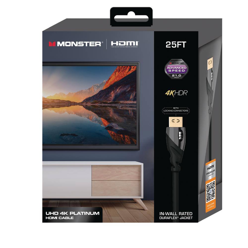 Monster 25 ft. 4K UHD Platinum HDMI Cable 60 Hz 16 Bit 21 GBPS Supports OLEDQLED TVs MHV1-1027-US