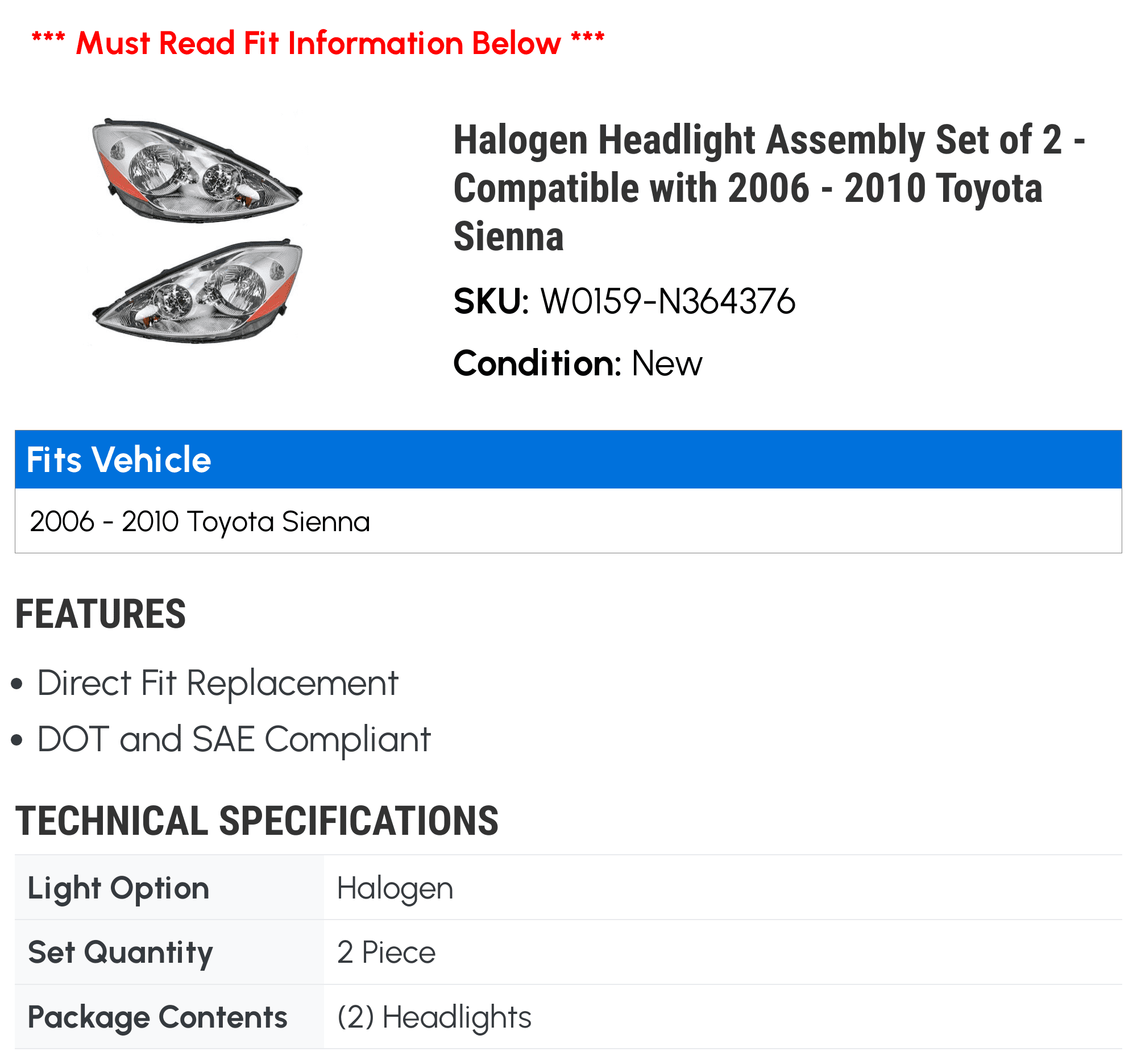 Halogen Headlight Assembly Set of 2 - Compatible with 2006 - 2010 Toyota Sienna 2007 2008 2009