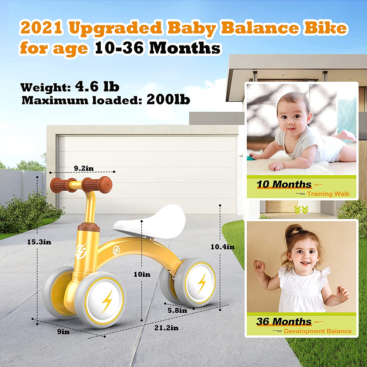 Baby Balance Bikes，Toddler Bikes， Kids Riding Toys， Soft Seat for 1 Year Old， Yellow