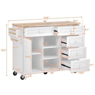 Tatahance White Rolling Mobile Kitchen Island with Spice Rack Towel Rack and Drawer and Rubber Wood Desktop WF297003AAW-Z