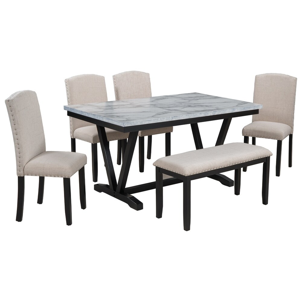 6 Piece White Dining Table Set with 4 Dining Chairs   Bench