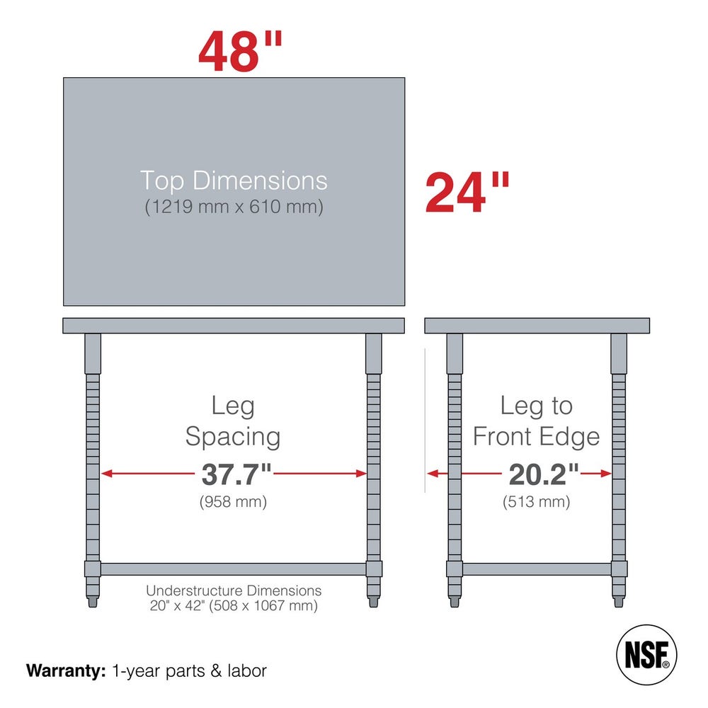 Metro TWS2448SU-316-S TableWorx Stationary Stainless Steel Work Table with Open 3-Sided Frame， 24