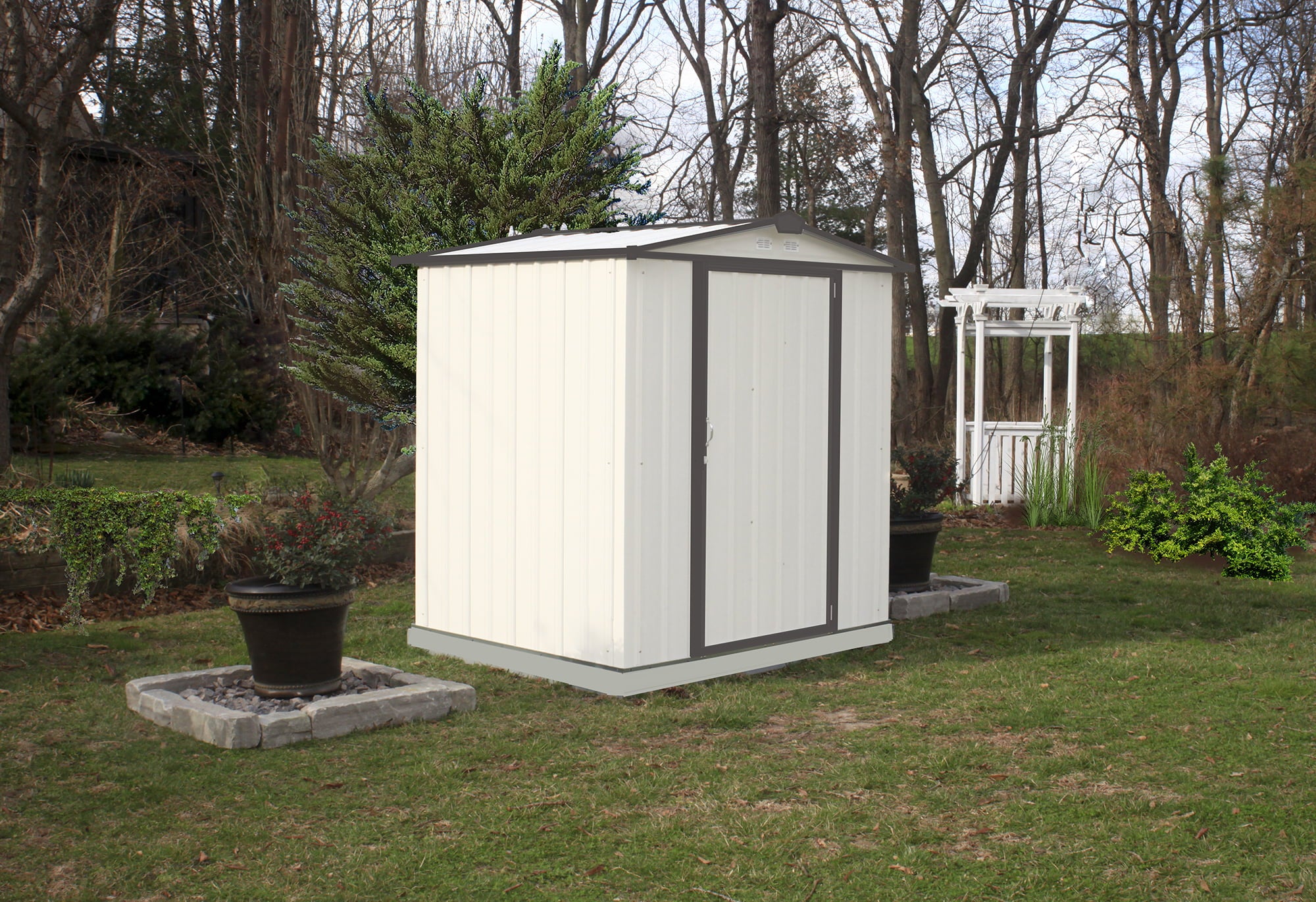 EZEE Shed Steel Storage Shed, 6 ft. x 5 ft. Cream with Charcoal Trim