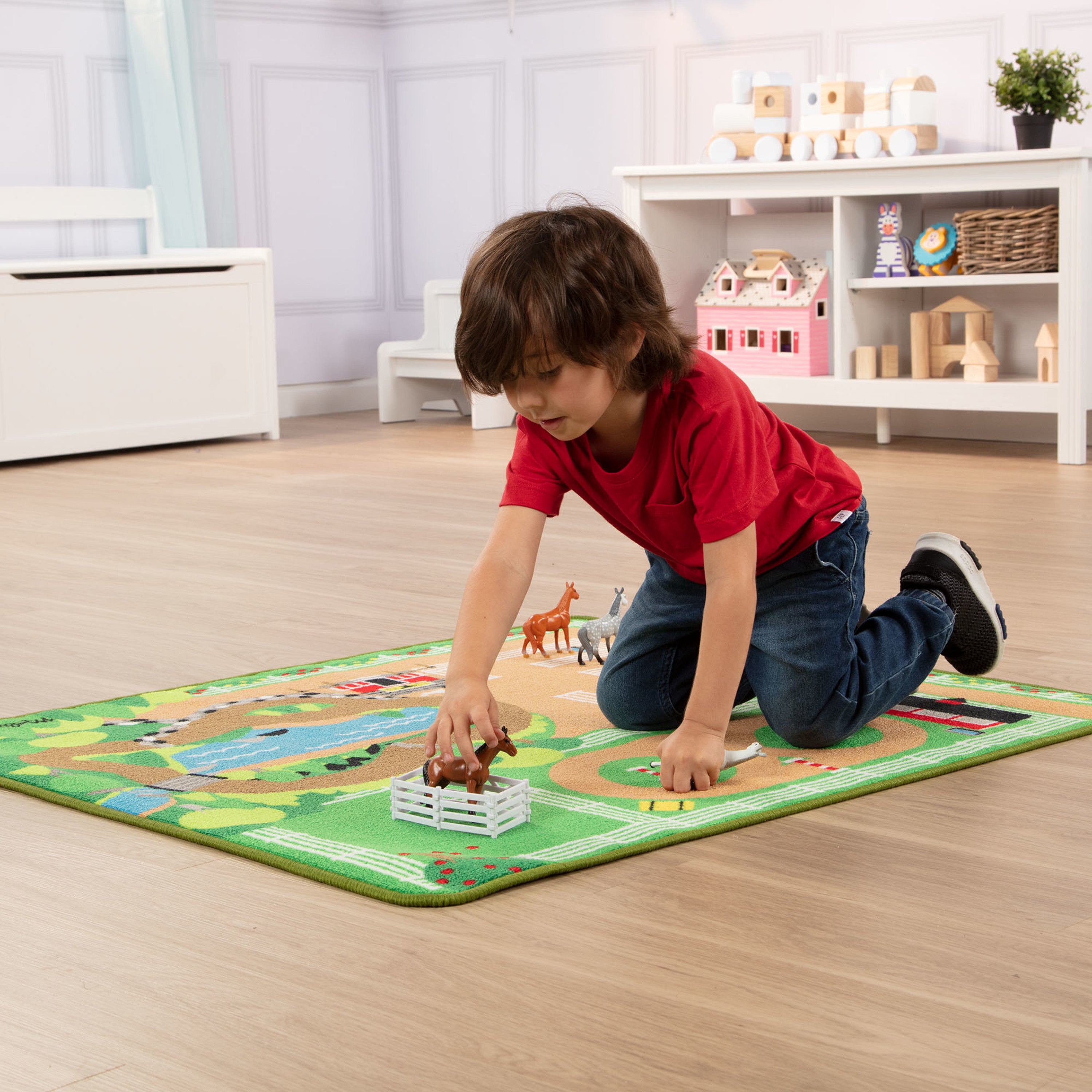 Melissa and Doug Round the Ranch Horse Activity Rug (39 x 36 inches) With 4 Play Horses and Folding Fence