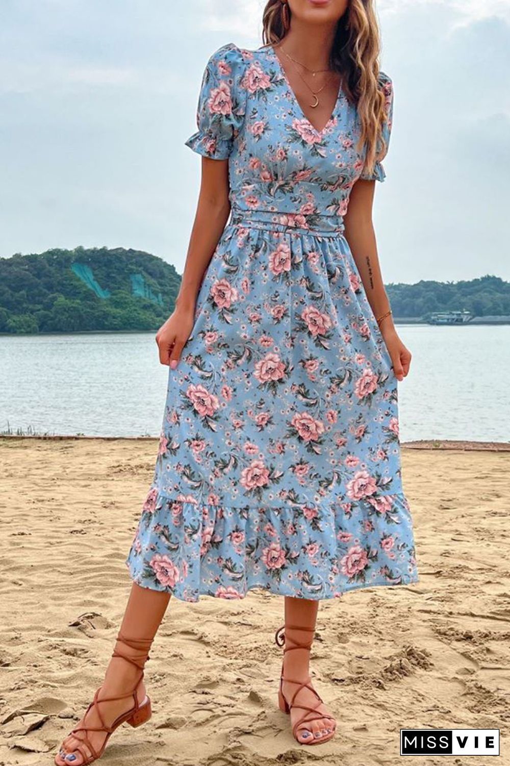 Puff Sleeve Flower Print V Neck Midi Dress Wholesale