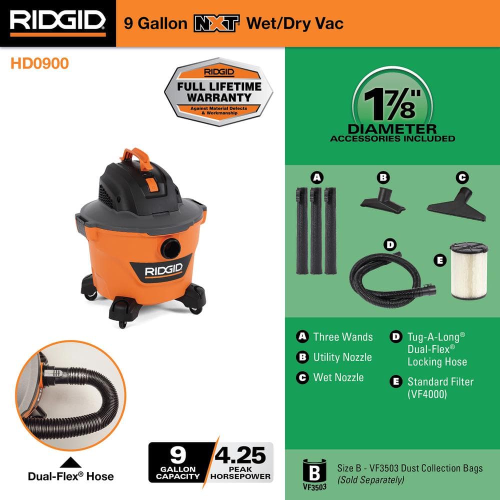 RIDGID 9 Gallon 4.25 Peak HP NXT Wet/Dry Shop Vacuum with Filter, Locking Hose and Accessories HD09001